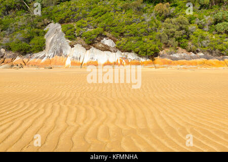 Tidal sand patterns on seashore landsacpe with boulders and forest background Stock Photo