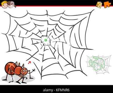 Cartoon Illustration of Education Maze or Labyrinth Activity Game for Children with Spider Insect Character and his Web Stock Vector