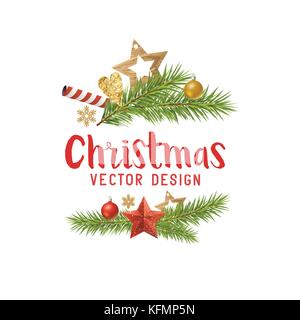 Christmas decorations composition with fir tree branches, wooden stars and baubles. Vector illustration Stock Vector