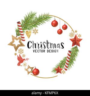 Christmas decorations composition with fir tree branches, wooden stars and baubles. Vector illustration Stock Vector