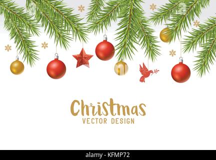 Festive christmas background with fir branches, decorations and baubles. Vector illustration Stock Vector