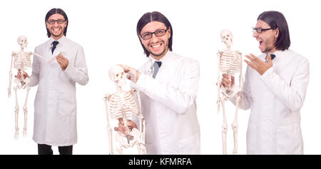 Funny teacher with skeleton isolated on white Stock Photo