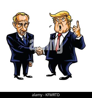 Donald Trump Shakes Hands with Vladimir Putin. Cartoon Caricature Vector Illustration. October 31, 2017 Stock Vector