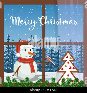 Christmas decorated window, with fir garland, gingerbread. View of Smiling Snowman Frosty in santa hat with bullfinch, forest, snowfall Stock Vector