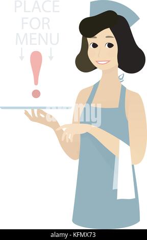 Cute waitress with apron, holding waiter s tray and tovel, and pointing in a welcome gesture to her shop and menu list blank sample space. Vector illustration, Word balloon, retro vintage and Pin-up, flat style. Stock Vector