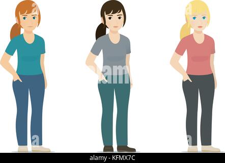 Set - smiling cute white woman, girl in different color of clothes and hair - red, blonde, brown with hand in jeans pocket, standing isolated on white background - Full-length standing Portrait, vector illustration, flat Stock Vector