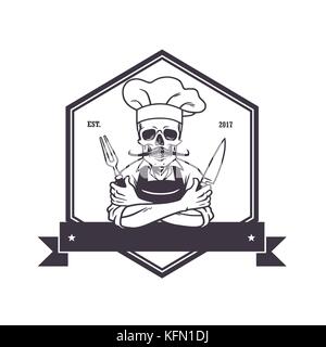 Dead Skull Chef Grinning with Fork, Knive, and Hat. Restaurant Logo Template. Hexagon Vector Drawing Stock Vector