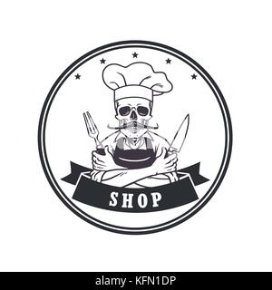 Dead Skull Chef Grinning with Fork, Knive, and Hat. Restaurant Logo Template. Circle Vector Drawing Stock Vector