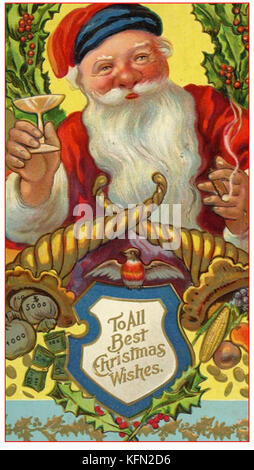 HISTORY OF TOBACCO - In former times, Santa Claus a.k.a.Father Christmas, Kris Kringle and Saint Nicholas were often depicted smoking and drinking alcohol on Christmas cards Stock Photo