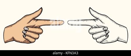 Female hand pointing on something with forefinger. Showing direction, selection, attention, caution, fingerprint, choice symbol. Black and white vecto Stock Vector