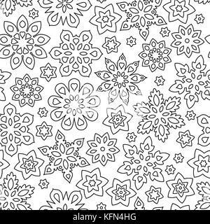 Abstract hand drawn outline seamless pattern with snowflakes isolated on white background. coloring antistress book for adult and older children. Stock Vector