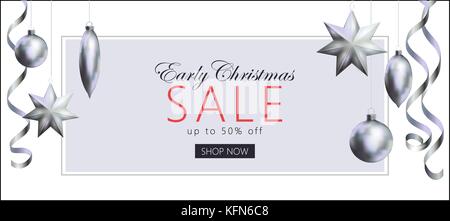 Early Christmas sale 3d realistic banner template. Gray white business style design silver metallic tree toys streamer serpentine. Horizontal orientation special offer flyer vector illustration Stock Vector