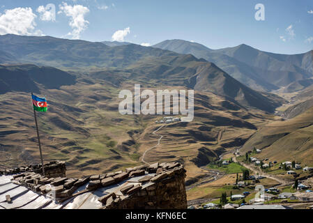 Daily life in the highest village of Azerbaijan. Houses on the top of Khinalig village, Quba region, Azerbaijan. Khinalig is an ancient village deep in the Caucasian mountains on the height of more than 2,300 meters above the sea level. Stock Photo