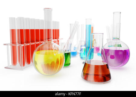 Transparent glass chemical flasks full off colored liquid and empty beaker isolated on background. 3d rendering Stock Photo