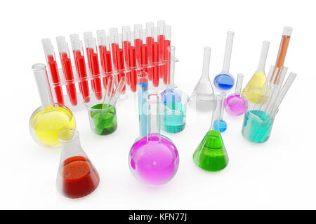 Transparent glass chemical flasks full off colored liquid and empty beaker isolated on background. 3d rendering Stock Photo