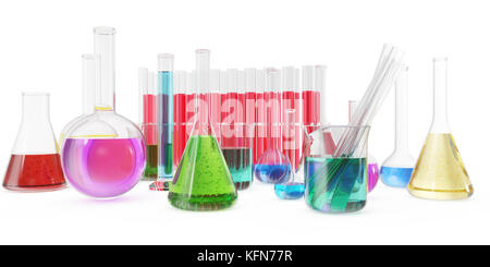 Transparent glass chemical flasks full off colored liquid and empty beaker isolated on background. 3d rendering Stock Photo