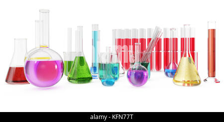 Transparent glass chemical flasks full off colored liquid and empty beaker isolated on background. 3d rendering Stock Photo