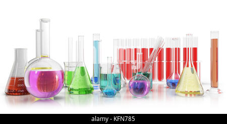 Transparent glass chemical flasks full off colored liquid and empty beaker isolated on background. 3d rendering Stock Photo