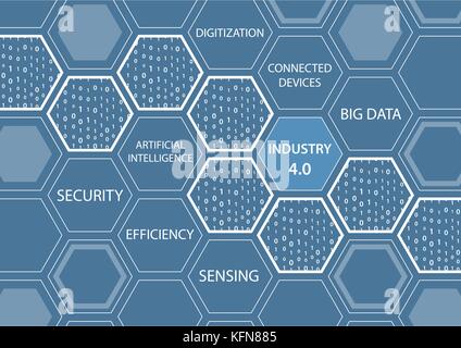 Industry 4.0 concept with blue background and connected hexagonal shapes Stock Vector