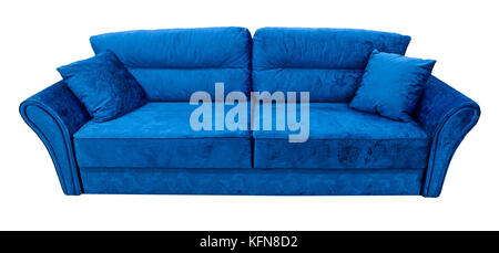 Blue sofa. Soft velour fabric couch. Classic modern divan on isolated background Stock Photo