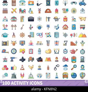 100 activity icons set, cartoon style  Stock Vector