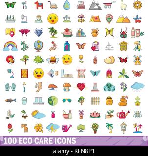 100 eco care icons set, cartoon style  Stock Vector
