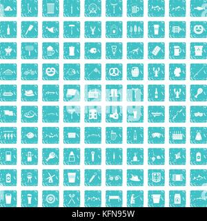 100 beer icons set grunge blue Stock Vector