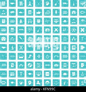 100 student icons set grunge blue Stock Vector