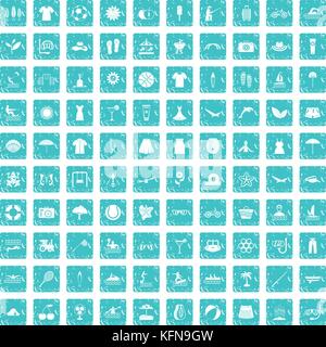 100 summer icons set grunge blue Stock Vector