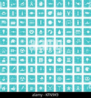 100 summer holidays icons set grunge blue Stock Vector