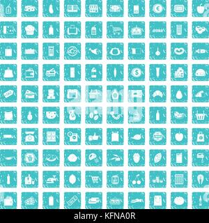 100 supermarket icons set grunge blue Stock Vector