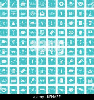 100 beer party icons set grunge blue Stock Vector
