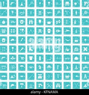 100 tackle icons set grunge blue Stock Vector