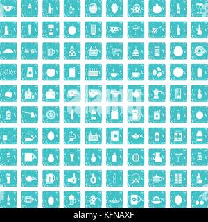 100 beverage icons set grunge blue Stock Vector