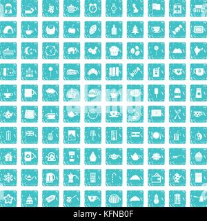 100 tea cup icons set grunge blue Stock Vector
