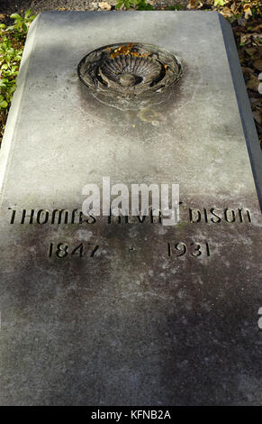 Tomb stone on the grave of Thomas Edison behind .Llewellyn Park, West Orange,New Jersey,USA