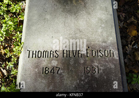 Tomb stone on the grave of Thomas Edison behind .Llewellyn Park, West Orange,New Jersey,USA