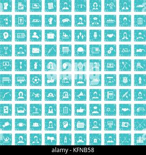 100 team work icons set grunge blue Stock Vector