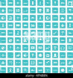 100 technology icons set grunge blue Stock Vector