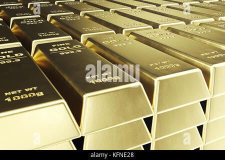Stack close-up Gold Bars, weight of Gold Bars 1000 grams Concept of wealth and reserve. Concept of success in business and finance, 3d rendering Stock Photo