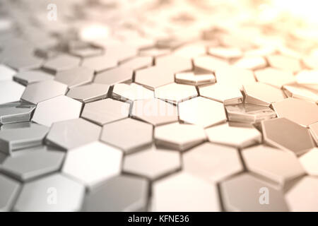 Futuristick abstract hexagonal background with depth of field effect. Structure of a large number of hexagons. Steel honeycomb wall texture, shiny hexagon clusters background, 3D rendering Stock Photo