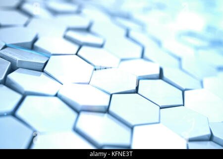 Futuristick abstract hexagonal background with depth of field effect. Structure of a large number of hexagons. Steel honeycomb wall texture, shiny hexagon clusters background, 3D rendering Stock Photo