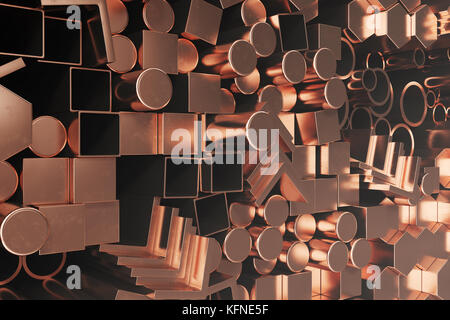 Cylindrical copper steel profiles, hexagonal copper steel profiles, square copper steel profiles. Different copper steel products, 3D illustration Stock Photo