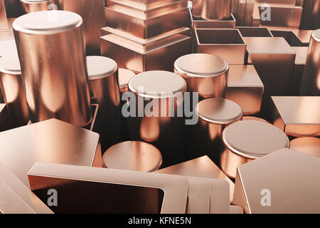 Cylindrical copper steel profiles, hexagonal copper steel profiles, square copper steel profiles. Different copper steel products, 3D illustration Stock Photo