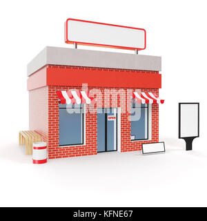 Store with copy space board isolated on white background. Modern shop buildings, store facades. Exterior market. Exterior facade store building, 3D rendering Stock Photo