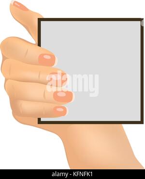 Human hand holding a blank paper sign. Empty card frame for ...
