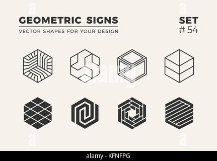 Set of eight minimalistic trendy shapes. Stylish vector logo emblems for Your design. Simple creative geometric signs collection. Stock Vector