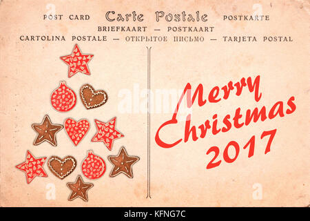 Merry Christmas 2017 on a vintage postcard background Stock Photo