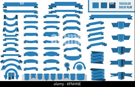 Vector set of tricolor, flat, long and short ribbon banners. Trendy Blue color. Stock Vector
