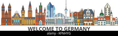 Germany outline skyline, german flat thin line icons, landmarks, illustrations. Germany cityscape, german travel city vector banner. Urban silhouette Stock Vector